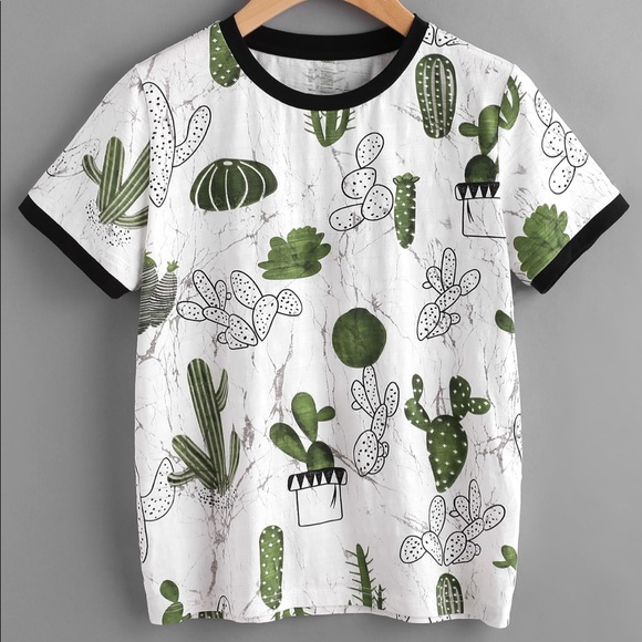 SHEIN Tops - Cactus & Marble Print Ringer Tee Shirt